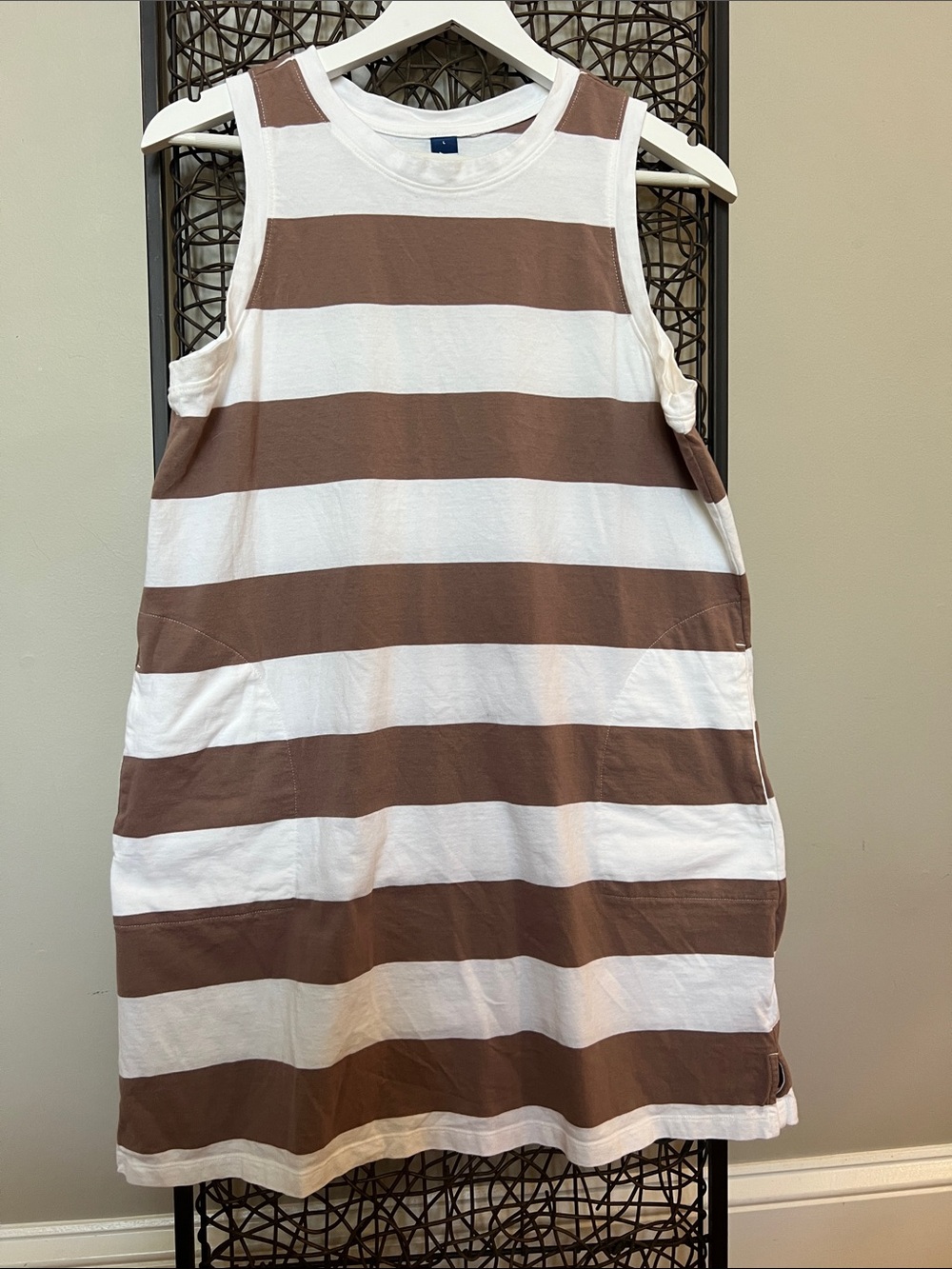 Old Navy Sleeveless mini shift dress earth brown white wide stripe pocket L SOOL